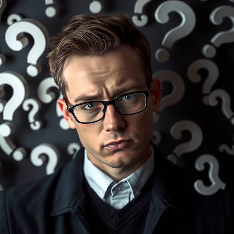 Person thinking with question marks around them